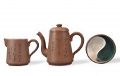 3 CHINESE ZISHA TEAPOT, JUG &