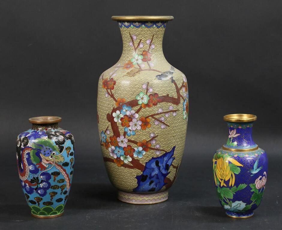 3 CLOISONNE VASES3 cloisonne vases.