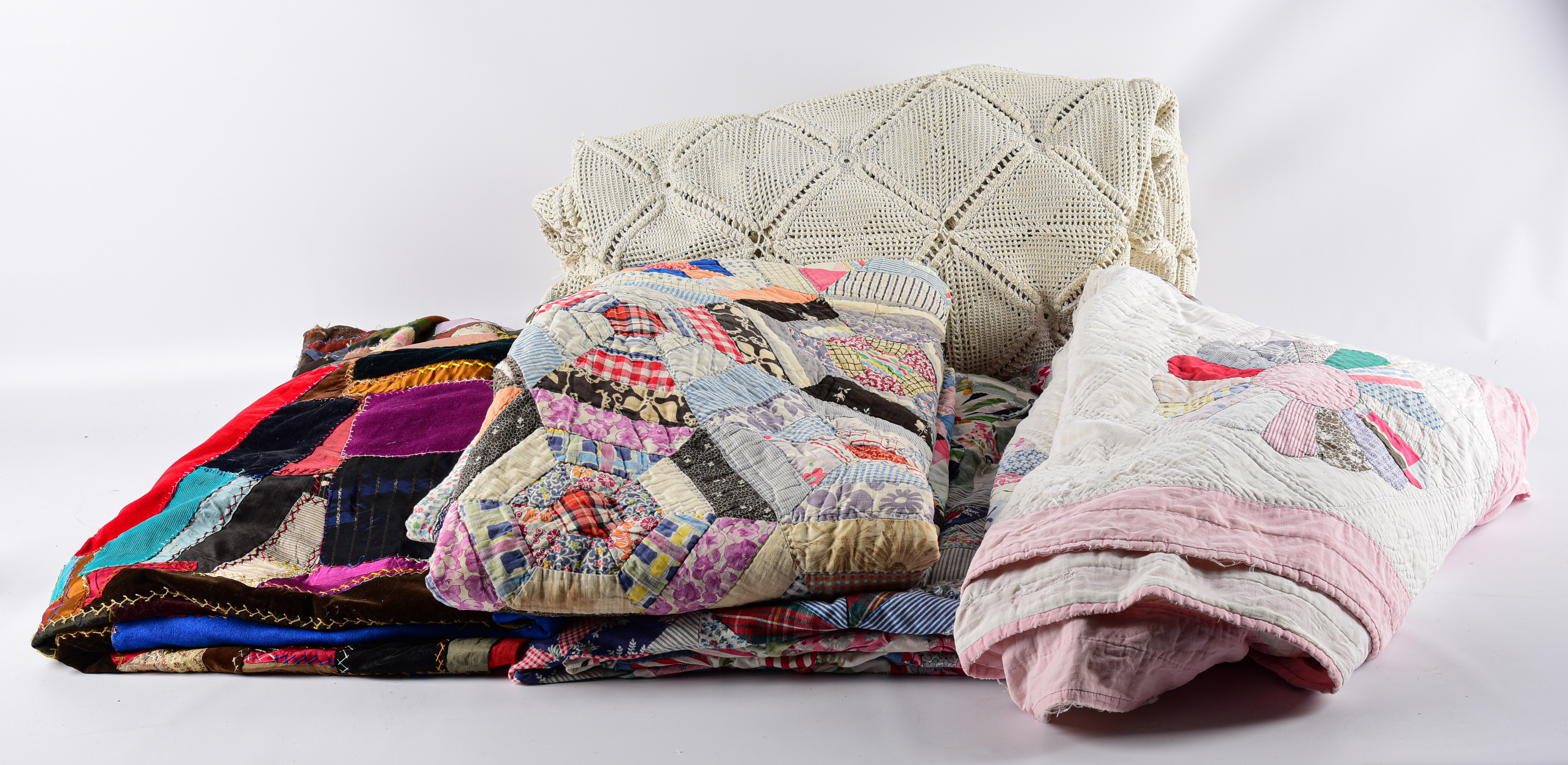 (3) Crazy quilts and crochet cover,