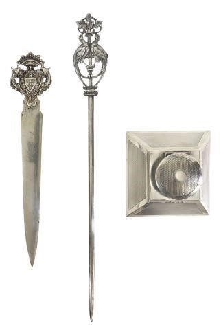 3) ENGLISH SILVER INKWELL,