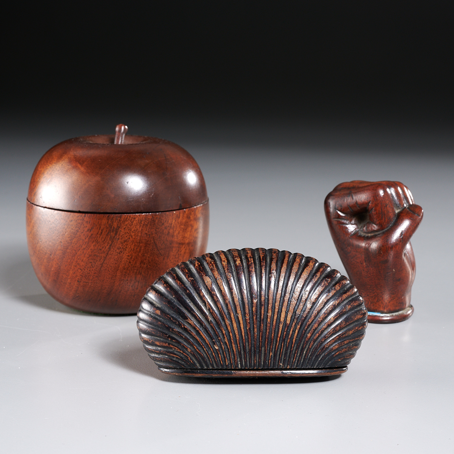 (3) ENGLISH TREEN FIGURAL BOXES