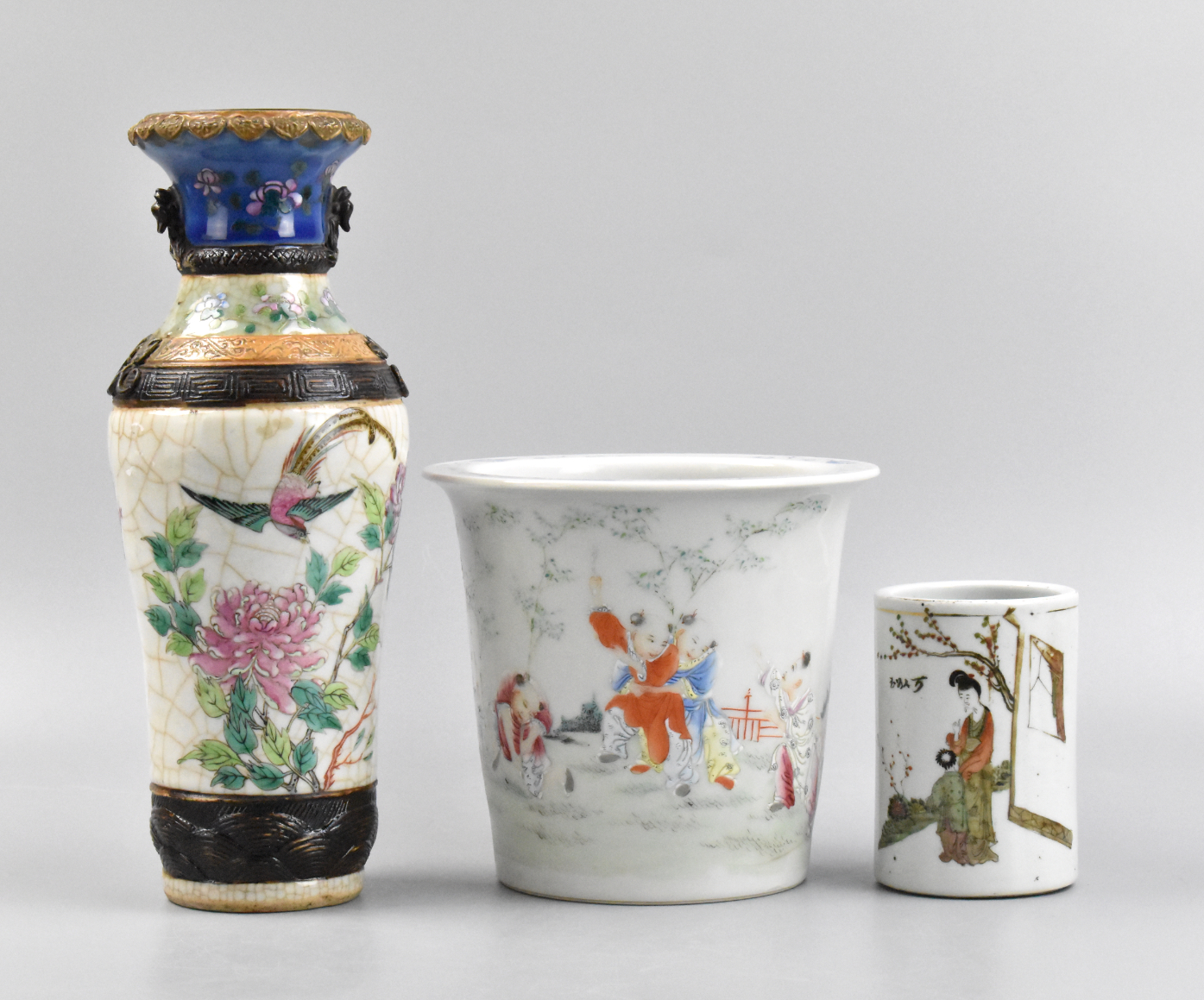 3 FAMILLE ROSE VASE, BRUSHPOT &