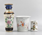 3 FAMILLE ROSE VASE, BRUSHPOT
