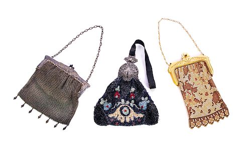 3 FINE ANTIQUE BEADED AND MESH