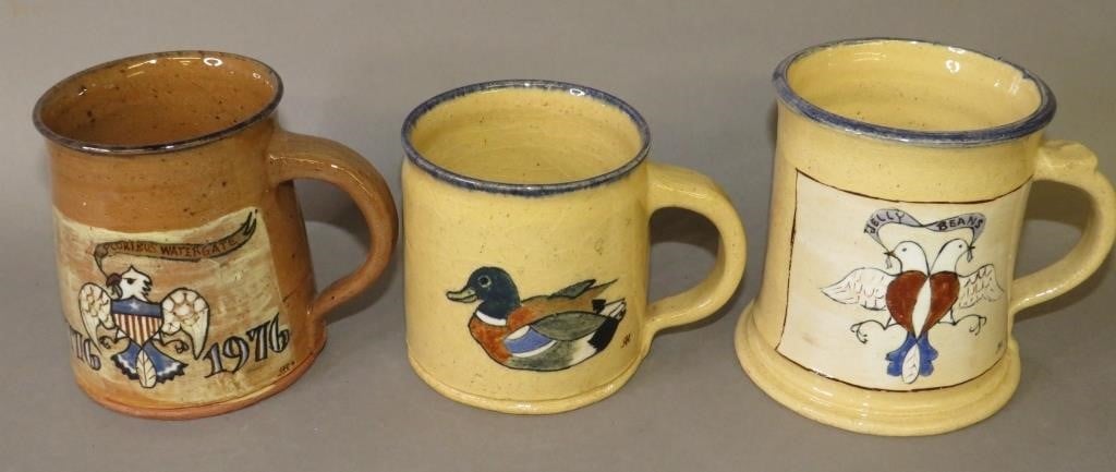 3 FOLK ART POTTERY HANDLED MUGS