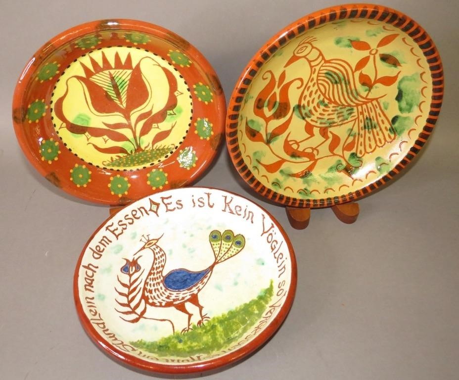3 FOLK ART REDWARE DECORATED PLATES
