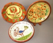 3 FOLK ART REDWARE DECORATED P