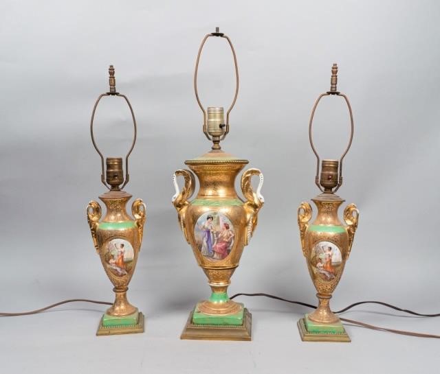 3 FRENCH 24K GOLD PORCELAIN URN
