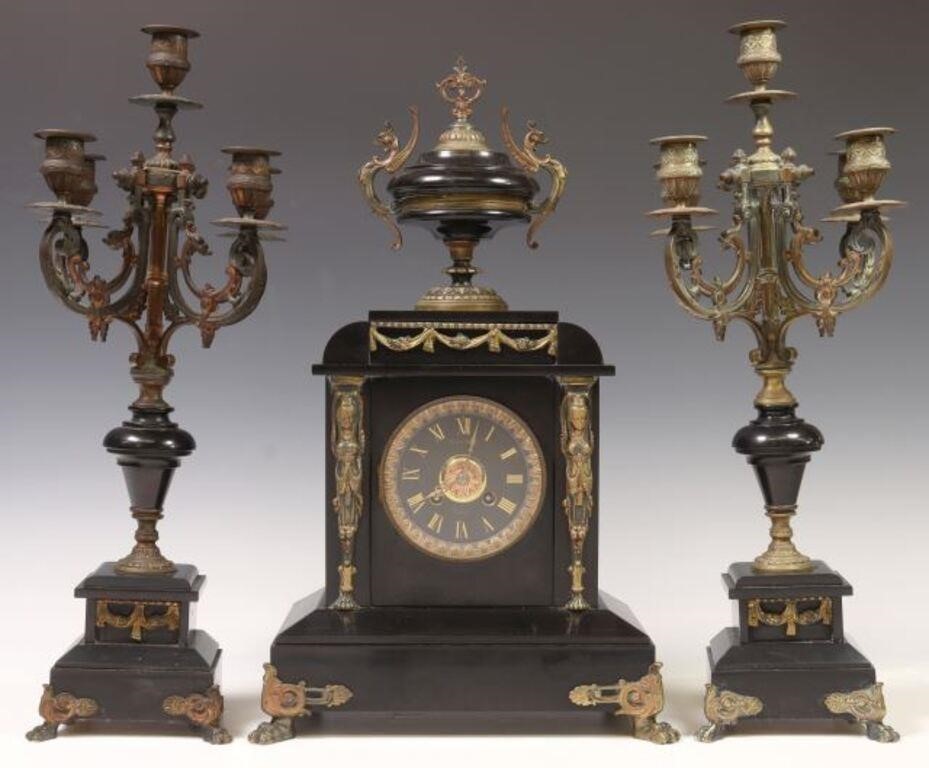 (3) FRENCH BLACK SLATE MANTEL CLOCK