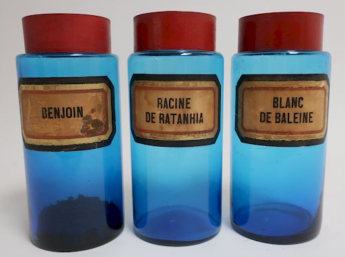 3 FRENCH BLUE GLASS APOTHECARY