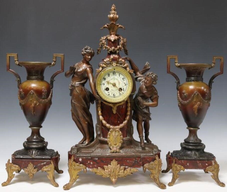 (3) FRENCH FIGURAL MANTEL CLOCK &
