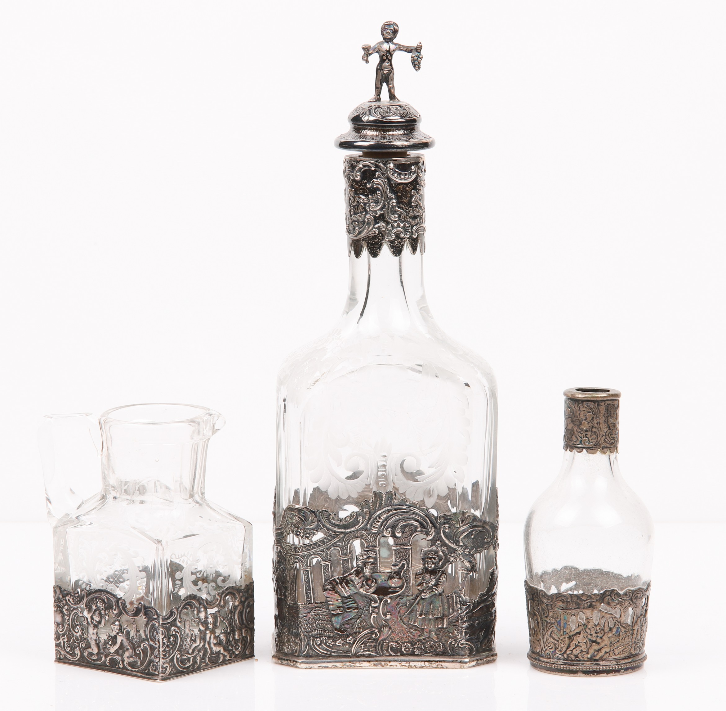 (3) German glass decanter, pitcher,