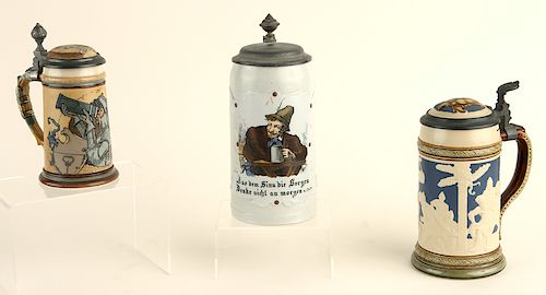 3 GERMAN METTLACH LIDDED BEER STEIN