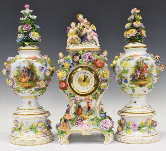 (3) GERMAN PORCELAIN MANTEL CLOCK &