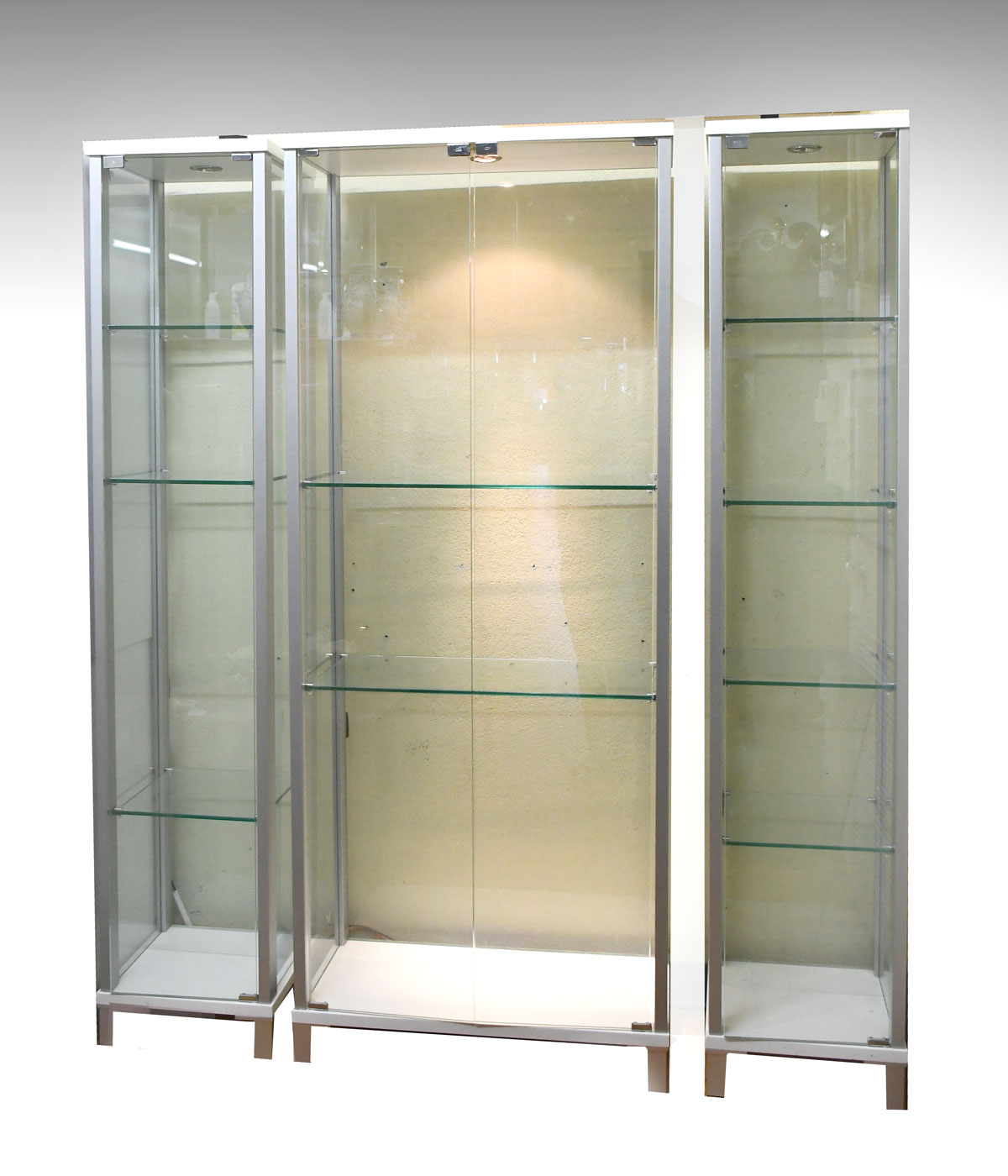 3 GLASS CURIO CABINETS: 3 silver