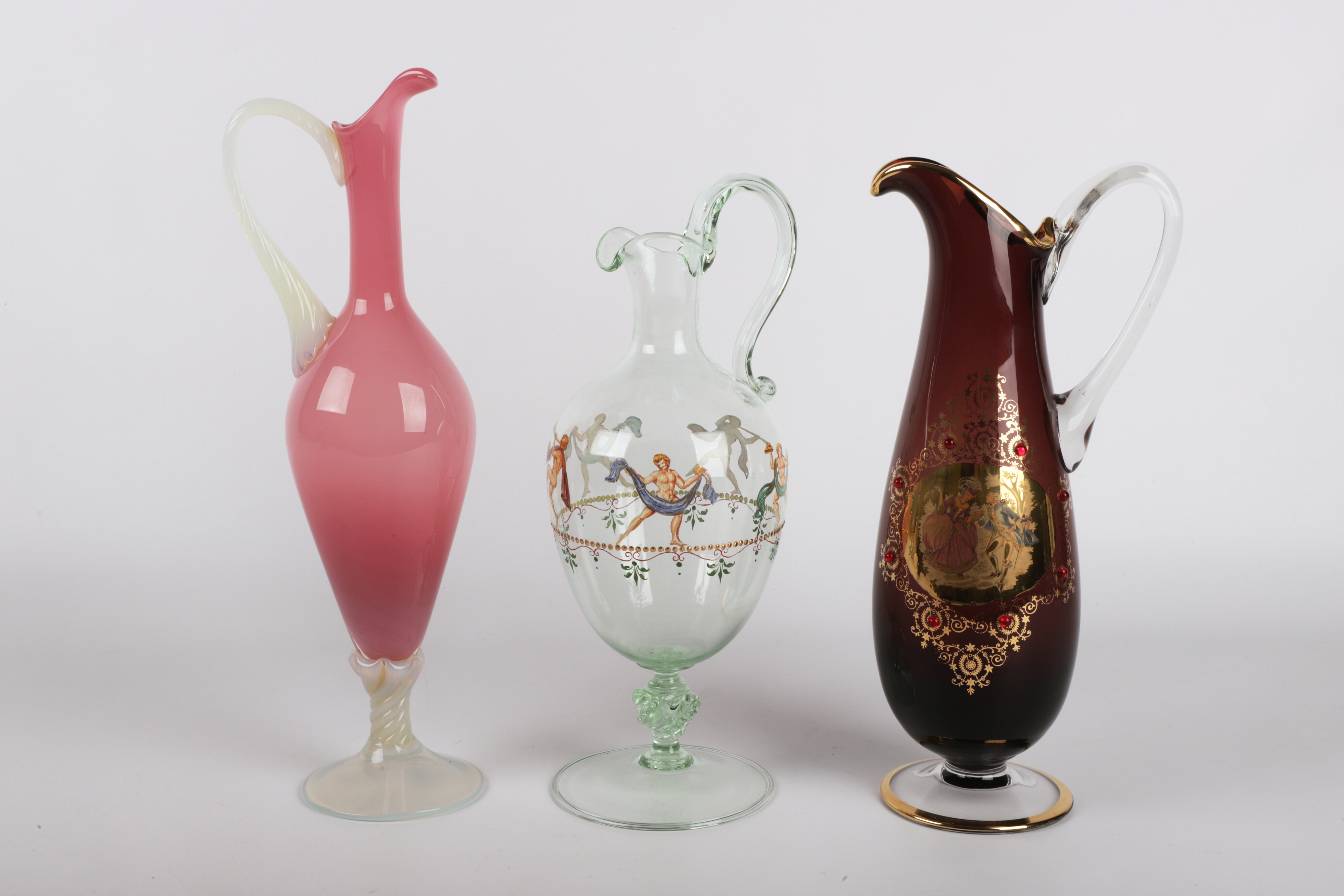 (3) Glass ewers, c/o Bohemian glass