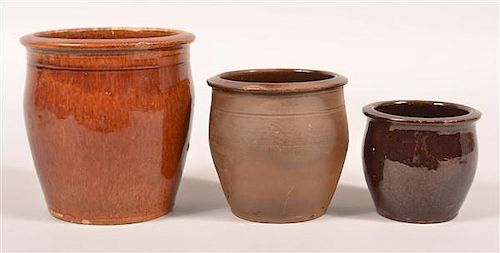 3 GLAZED EARTHENWARE STORAGE CROCKS
