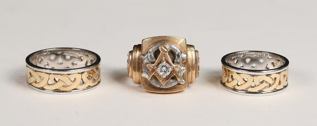 3 GOLD & SILVER RINGS, MASONS &