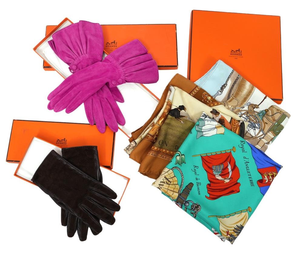 3 HERMES SCARVES AND 2 PRS.