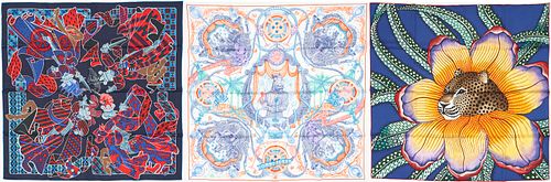 3 HERMES SILK TWILL SCARVES, 90,