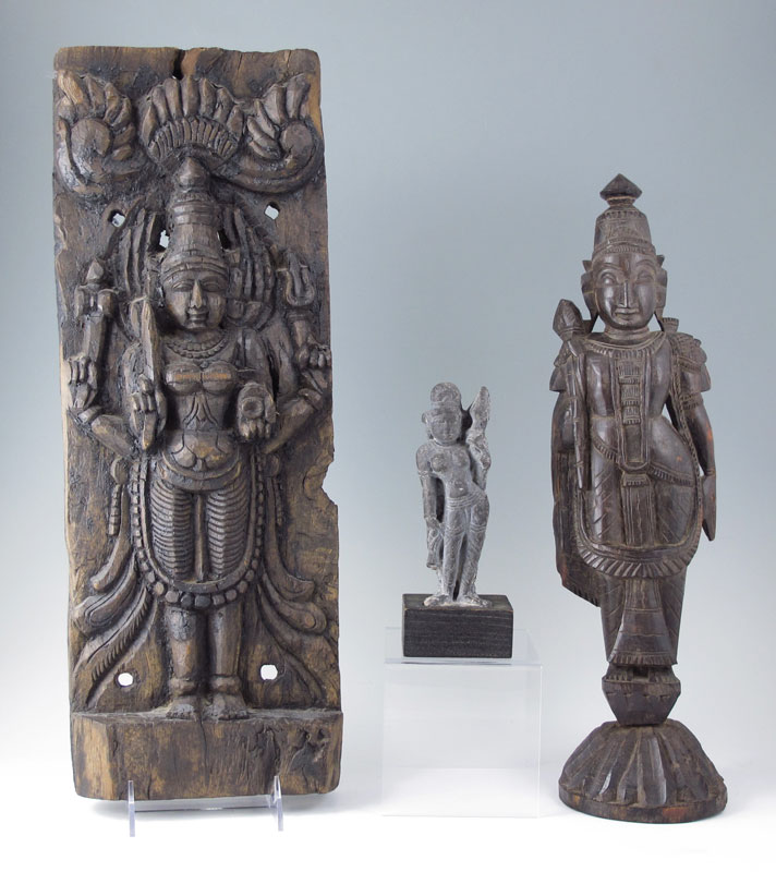 3 HINDU CARVINGS: 1) Carved wood