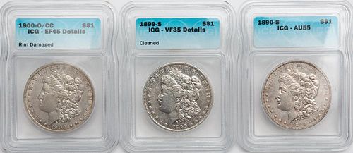 3 ICG GRADED MORGANS: 1900-O/CC,