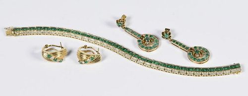 3 ITEMS, 14K EMERALD AND DIAMOND