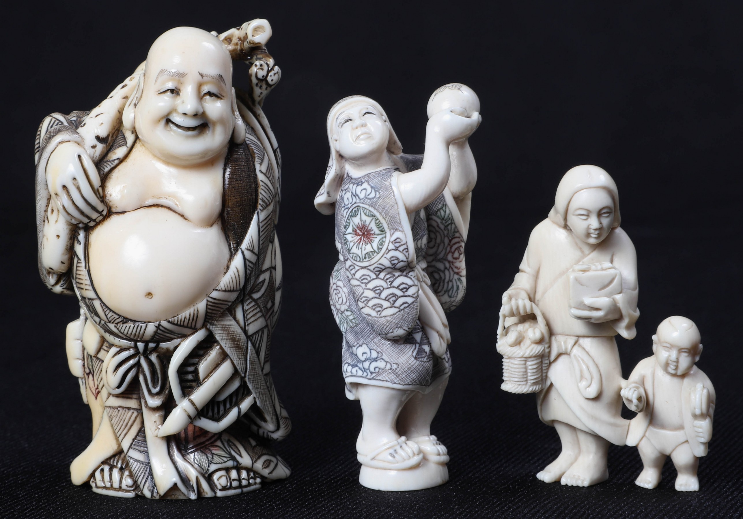 (3) Ivory carved netsukes, 4-1/4"H