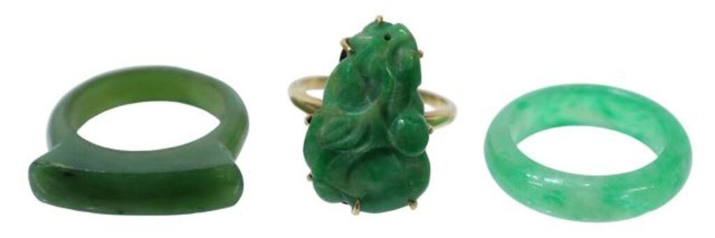 (3) JADE RINGS, (ONE) 18KT YELLOW