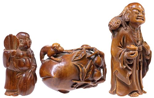 (3) JAPANESE CARVED WOOD GAMA