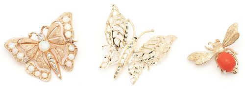 3 LADIES 14K INSECT BROOCHES1st