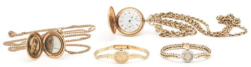 3 LADIES WATCHES & 1 LOCKET, 4