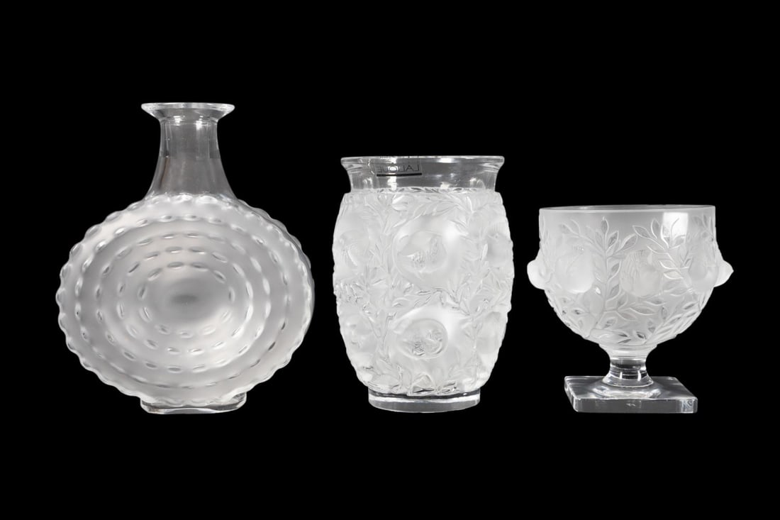 3 LALIQUE CRYSTAL PIECES, TWO VASES