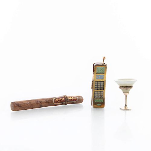 3 LIMOGES BOXES, CIGAR, MARTINI,