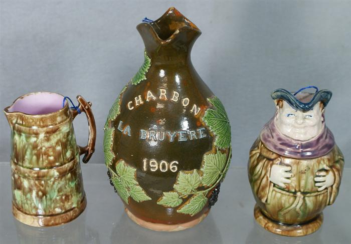 (3) majolica pitchers, French