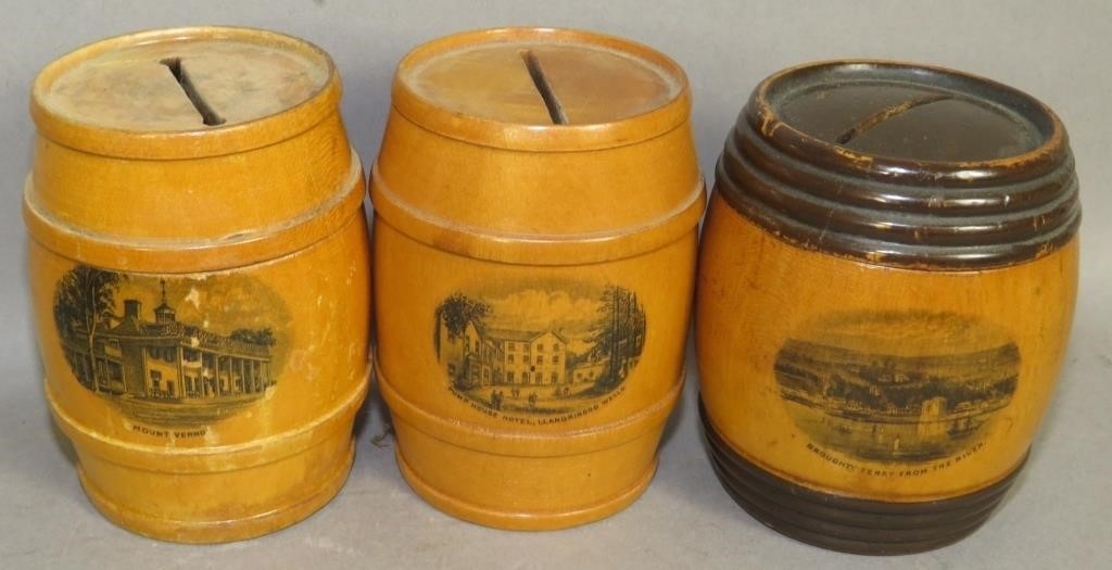 3 MAUCHLINEWARE BARREL BANKSca.