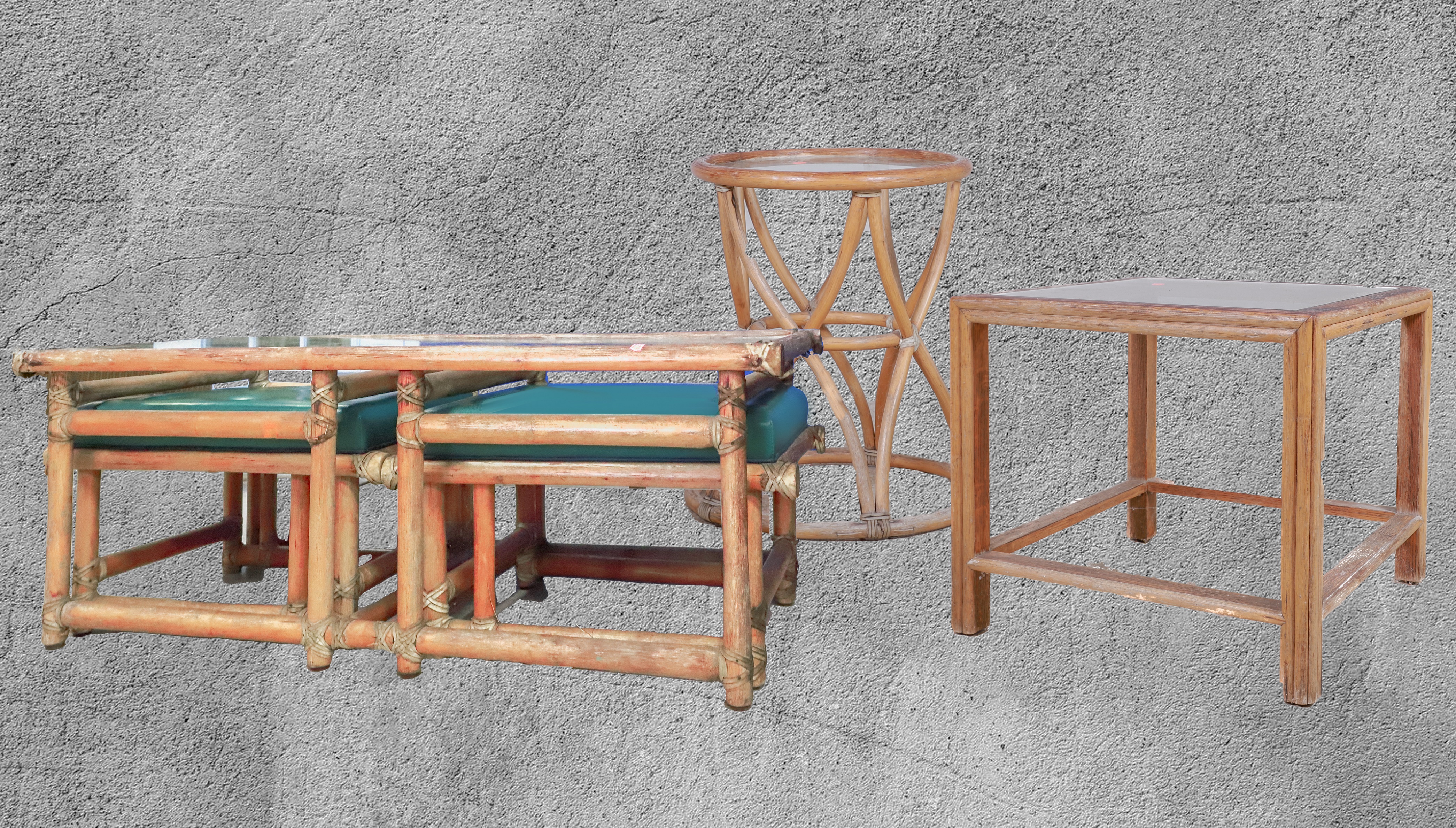 (3) McGuire bamboo patio tables,