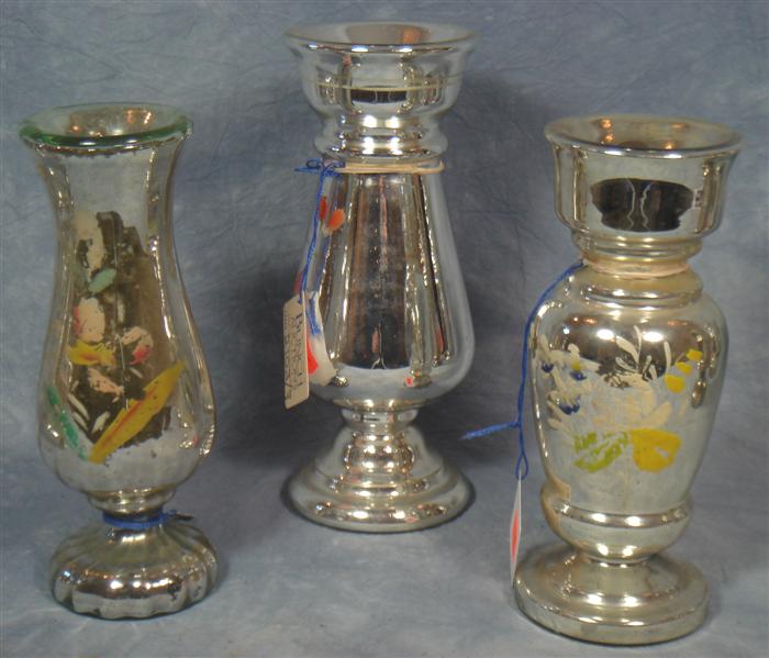 3 mercury glass vases , etched 