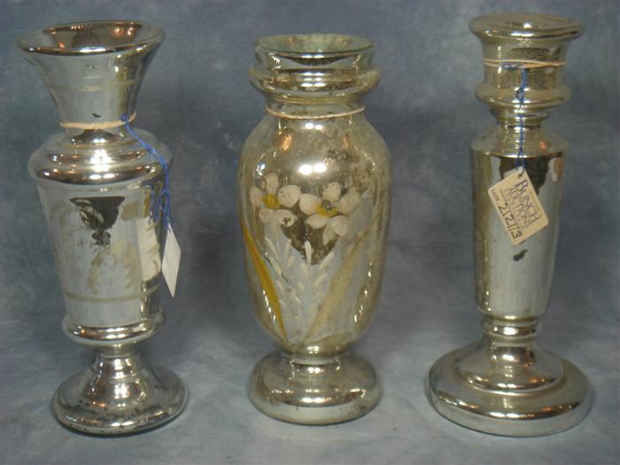 3 mercury glass vases,2 etched, 12"