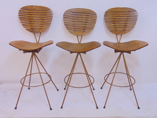 3 MID CENTURY SWIVEL BAR STOOLS,
