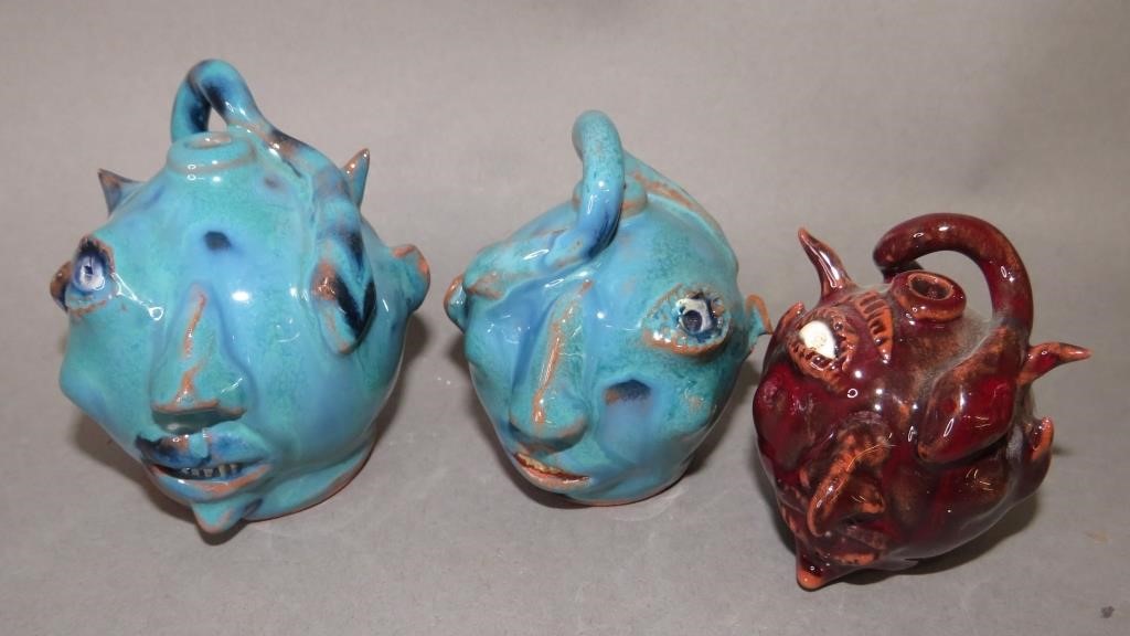3 MINIATURE FOLK ART REDWARE FACE