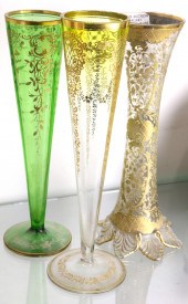 3 MOSER TYPE GILT TRUMPET GLAS