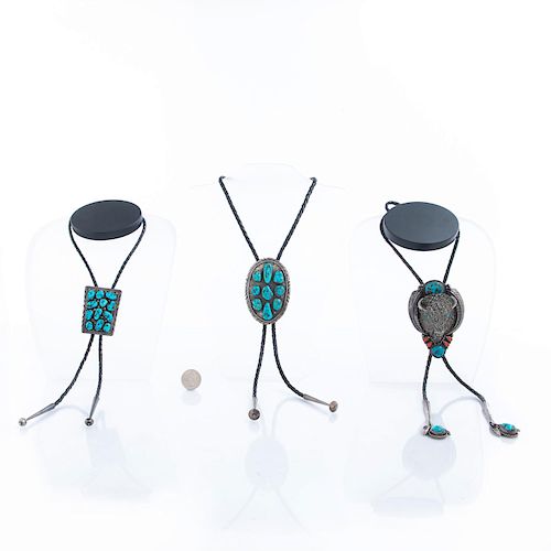 3 NATIVE AMERICAN SILVER BOLO TIES,