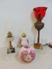 3 OIL LAMPS PLUS 2 CHIMNEYS &