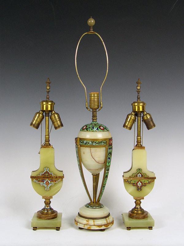 3 ONYX CHAMPLEVE LAMPS: Pair of urn