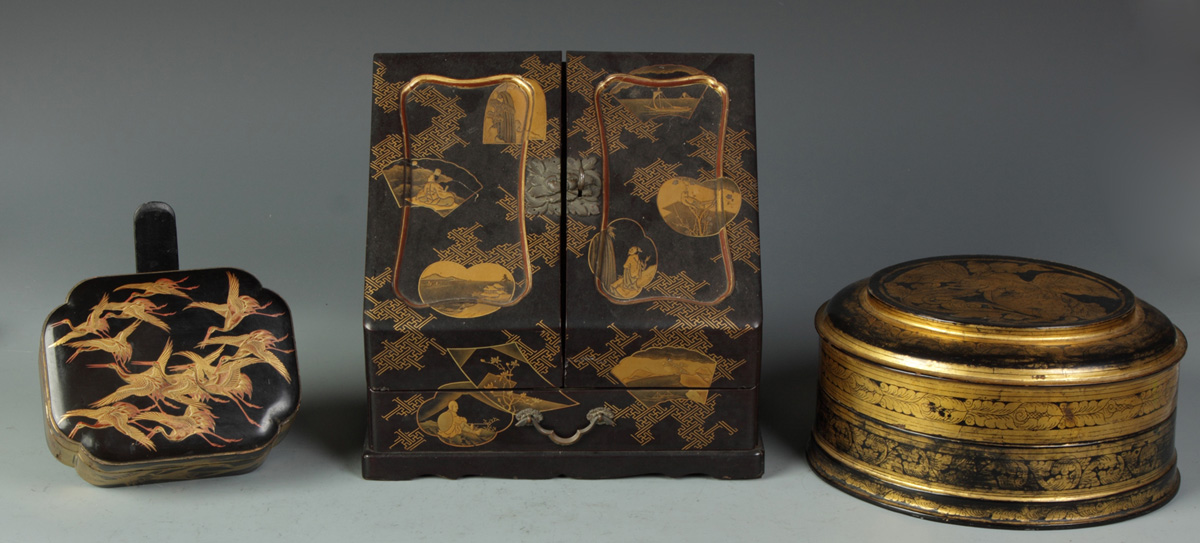 3 Oriental Lacquered Boxes L & R: 2
