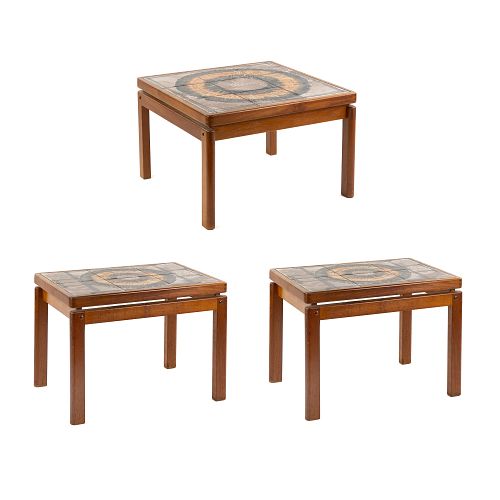 (3) OX ART TILE TOP TEAK TABLE SETA