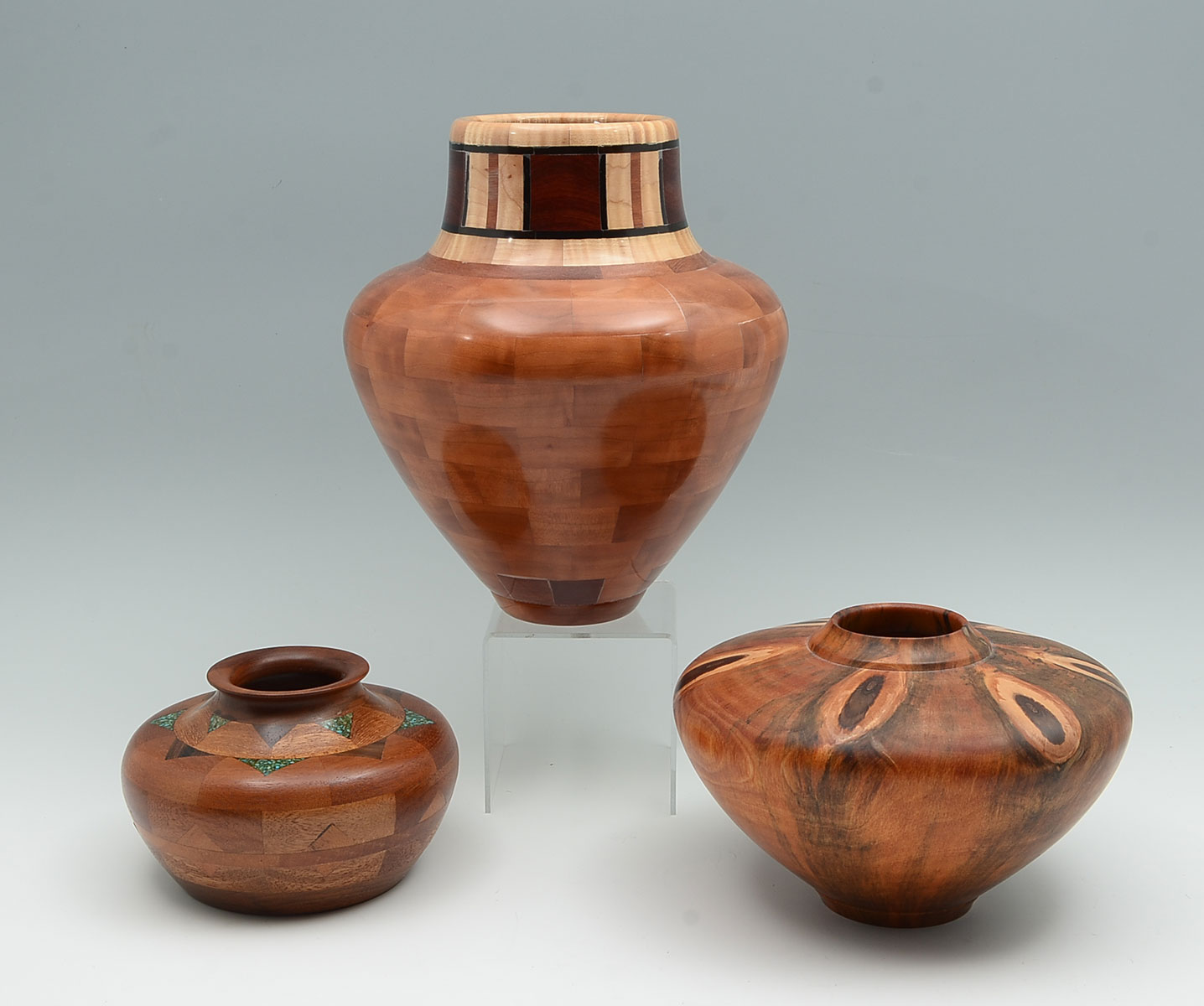 3 PC. ARTISAN TURNED WOOD VASES;