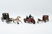 3 PC. CAST IRON WAGONS & MOTOR