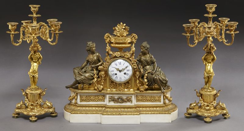 3 Pc. French gilt bronze and marble